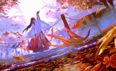 Autumn, leaves, beautiful anime girl
