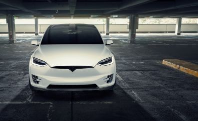 Tesla Model X, white car, front view