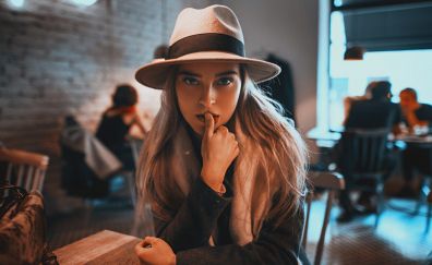 Stare, hat, blue eyes, girl at hotel