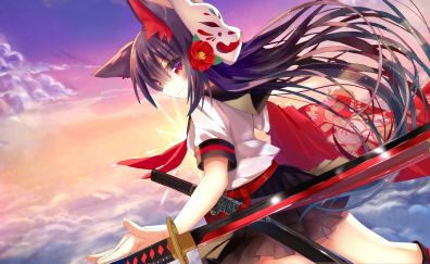 Long hair anime girl with katana, swords