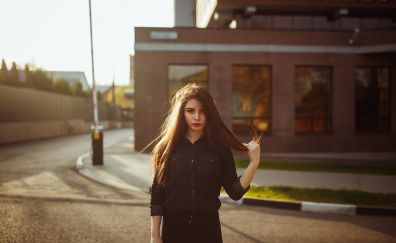 Redhead, girl, model, black cloths, street