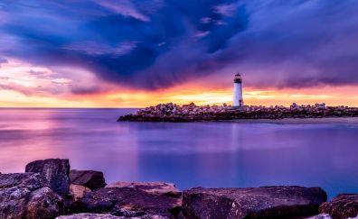 Rocks, lighthouse, sunset, sea, clouds, skyline