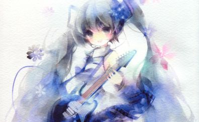 Hatsune Miku, art, smile, guitar, play