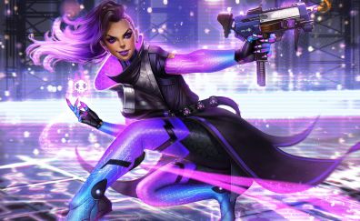 Sombra, artwork, overwatch, purple lights