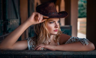 Cowboy, hat, girl model, looking away