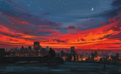 Sunset, cityscape, illustration, art, couple