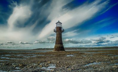Lighthouse, abandoned, ruined, clouds, beach