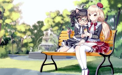 Anime girls, friends, sitting
