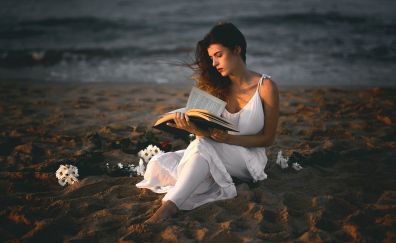 Beach, girl model, reading, sand, book