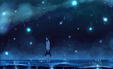 Anime girl, rain, outdoor