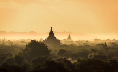 Burma, sunrise, temple, horizon, nature