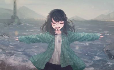 Joy, open hands, anime girl, glasses, original