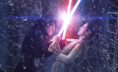 Rey and kylo ren, fighting with lightsaber, star wars, movie