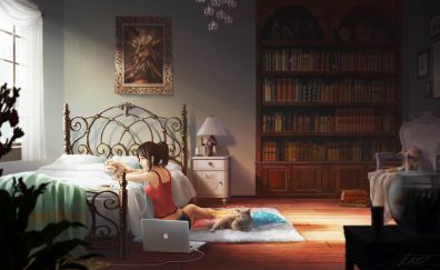 Cute anime girl, relaxed, bedroom, original
