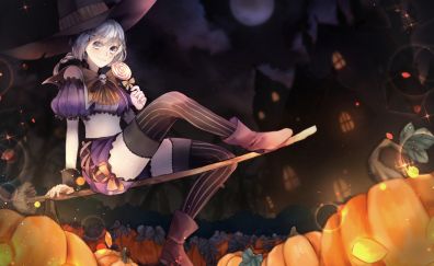 Halloween, anime girl, eating candy, 4k