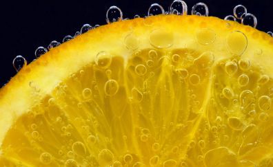 Lemon slice, bubbles, submerged, close up, 5k