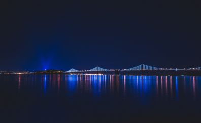 Bridge, night, city, river, city lights