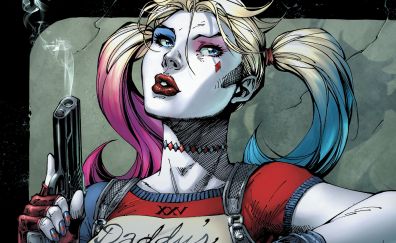 Harley quinn with gun, blonde, comics