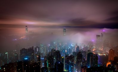 Clouds, aerial view, hong kong, city, night, buildings, mist
