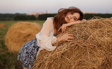 Outdoor, girl model, hay