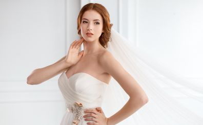 Wedding dress, white, girl, model, red head, 4k