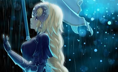 Blonde anime girl, rain, Saber Alter, fate series