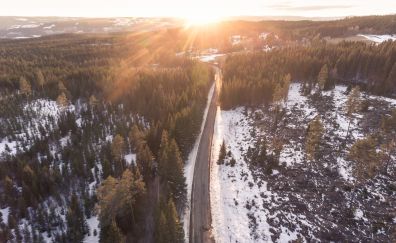Aerial view, road, sunset, forest