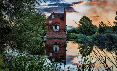 House, lake, reflections, grass
