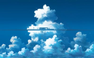 Clouds, train stop, anime, original
