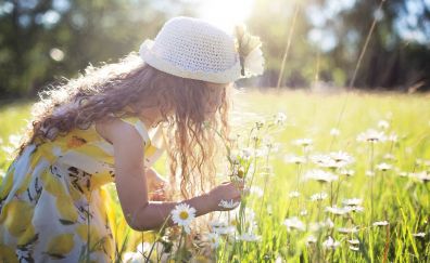 Young girl, flowers, meadow, outdoor