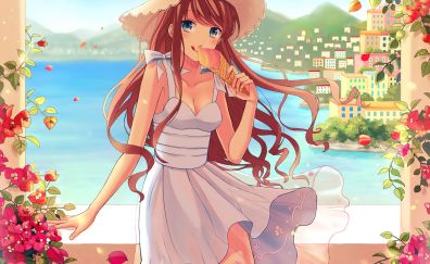 Cute, anime girl, eating ice-cone, original