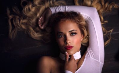 Blonde, lying down, girl model, red lipstick