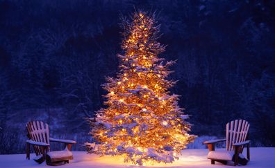 Christmas tree, chairs, winter, holiday, 4k
