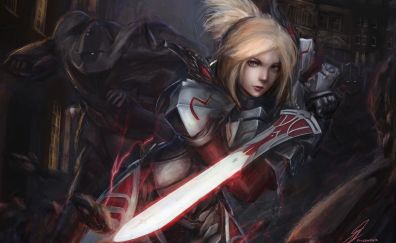 Red Saber, fate series, sword, blonde anime girl, art