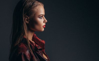 Girl model, looking away, leather jacket