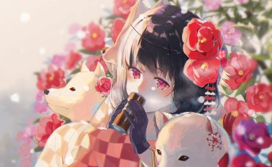 Dogs and flowers, anime girl, cute, original