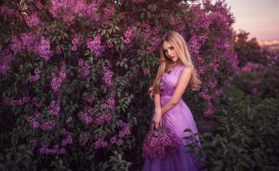 Purple dress, girl model, outdoor, flowers