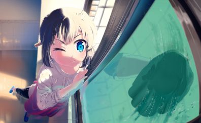 Washing window, anime girl, original