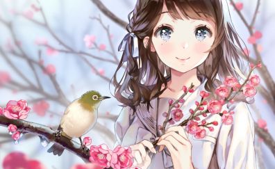 Birds, cherry blossom, anime girl, cute