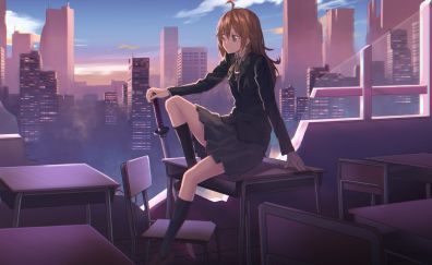 Cute anime girl, classroom, katana