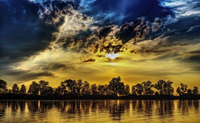 Clouds, sunset, lake, reflections, tree