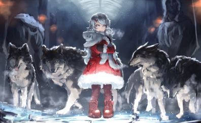 Red riding hood, anime girl, wolf, art