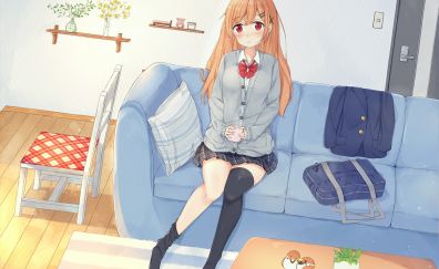Blonde, anime girl, sitting on sofa