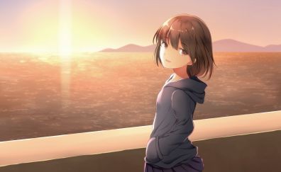 Short hair, anime girl, school dress, cute, outdoor