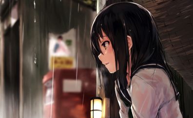 Anime girl, rain, school dress, original