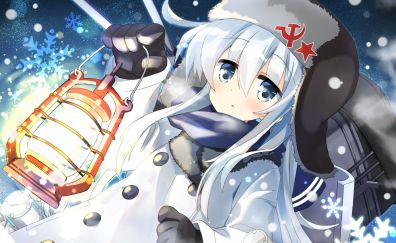 Hibiki, kancolle, anime girl, white hair, lantern