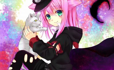 Pink hair, green eyes, kitten, anime girl, original
