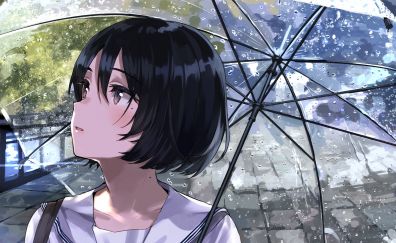 Umbrella, anime girl, cute, rain, original
