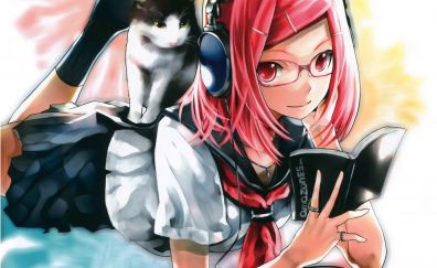 Original, red head anime girl, reading, head phone