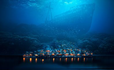Fantasy, big ship, underwater, city